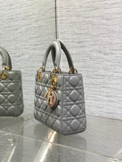 DIOR 25S LADY DIOR BAG 20 IN DARK GRAY CALFSKIN CHARM PEARL EMBELLISHMENTS