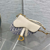 DIOR 25S MINI SOFT SADDLE BAG 19 IN BLUE DIOR OBLIQUE CHAMBRAY AND IVORY SMOOTH CALFSKIN