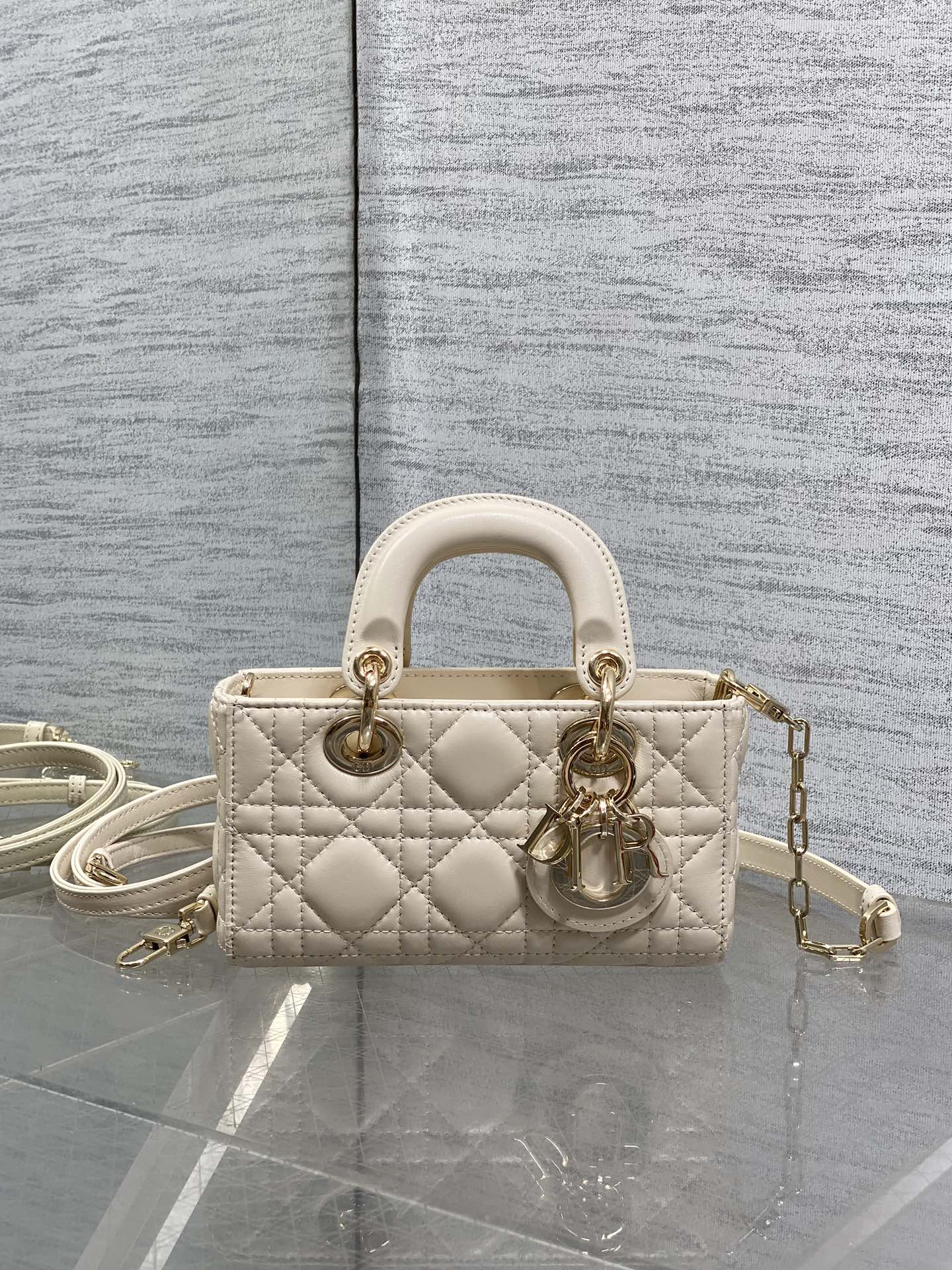 DIOR 25S MICRO LADY D-JOY 16 IN BEIGE LAMBSKIN GOLD HARDWARE