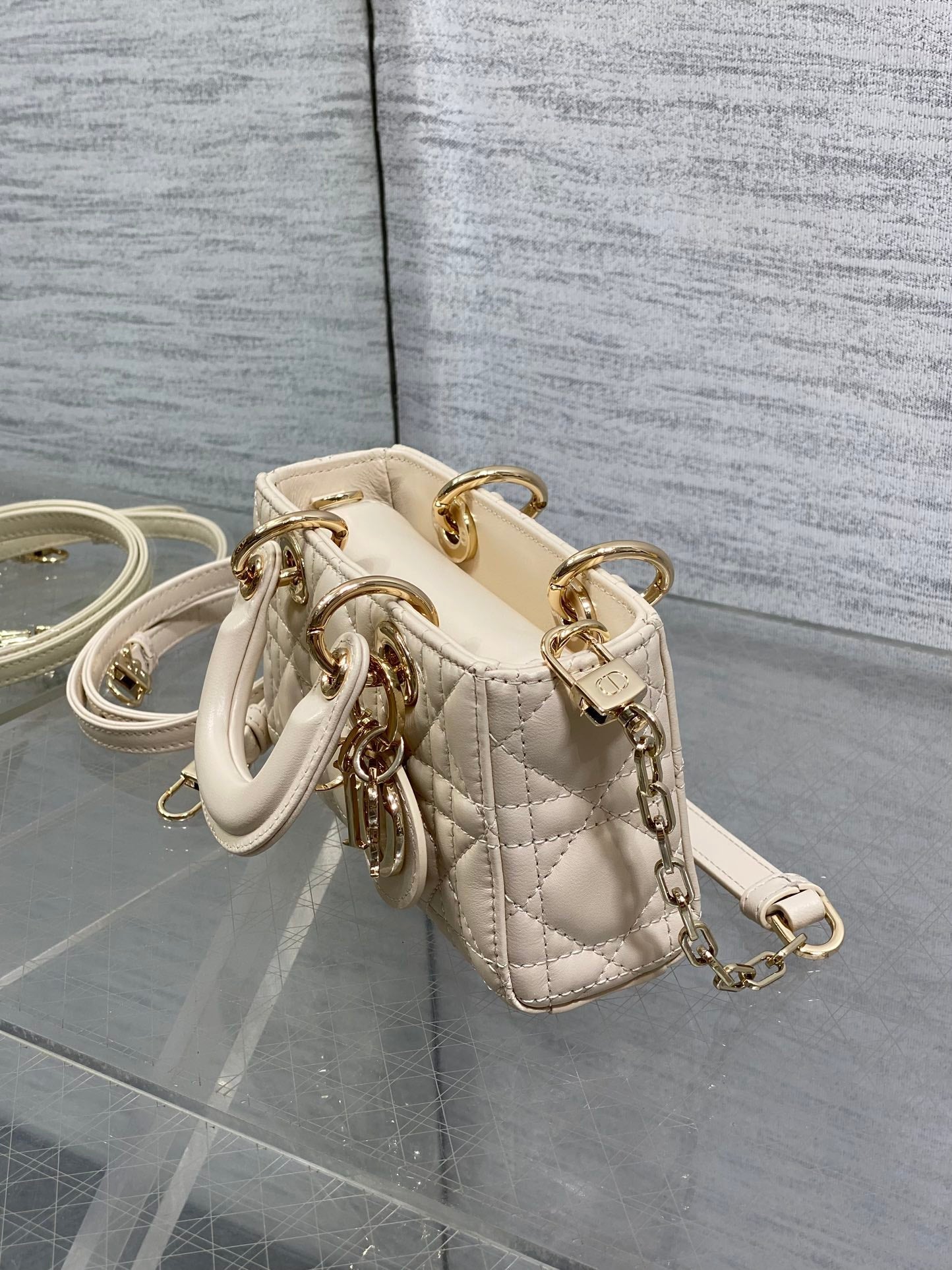 DIOR 25S MICRO LADY D-JOY 16 IN BEIGE LAMBSKIN GOLD HARDWARE