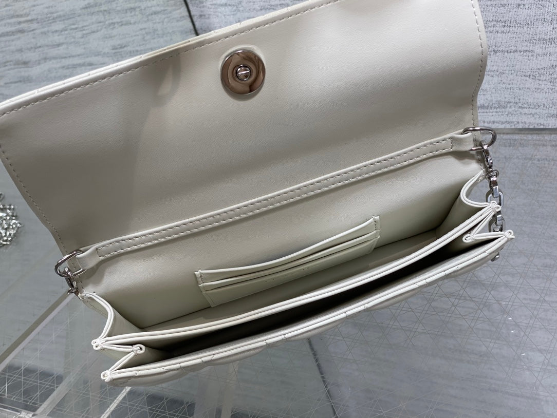 DIOR 25S DIOR TALK PHONE POUCH 21 IN WHITE CANNAGE LAMBSKIN SILVER HARDWARE