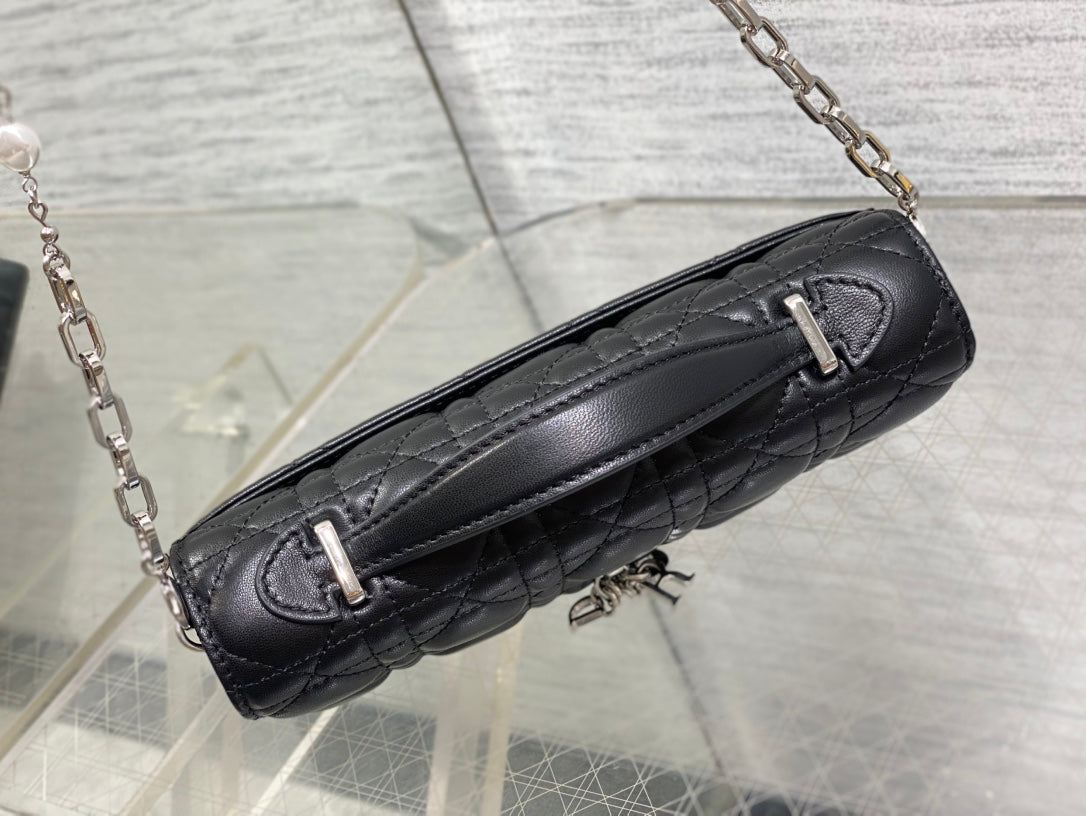 DIOR 25S DIOR TALK PHONE POUCH 21 IN BLACK CANNAGE LAMBSKIN SILVER HARDWARE