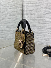 DIOR 25S MINI LADY D-LITE BAG 12 IN BLACK CANVAS AND CALFSKIN CRYSTAL-STUDDED