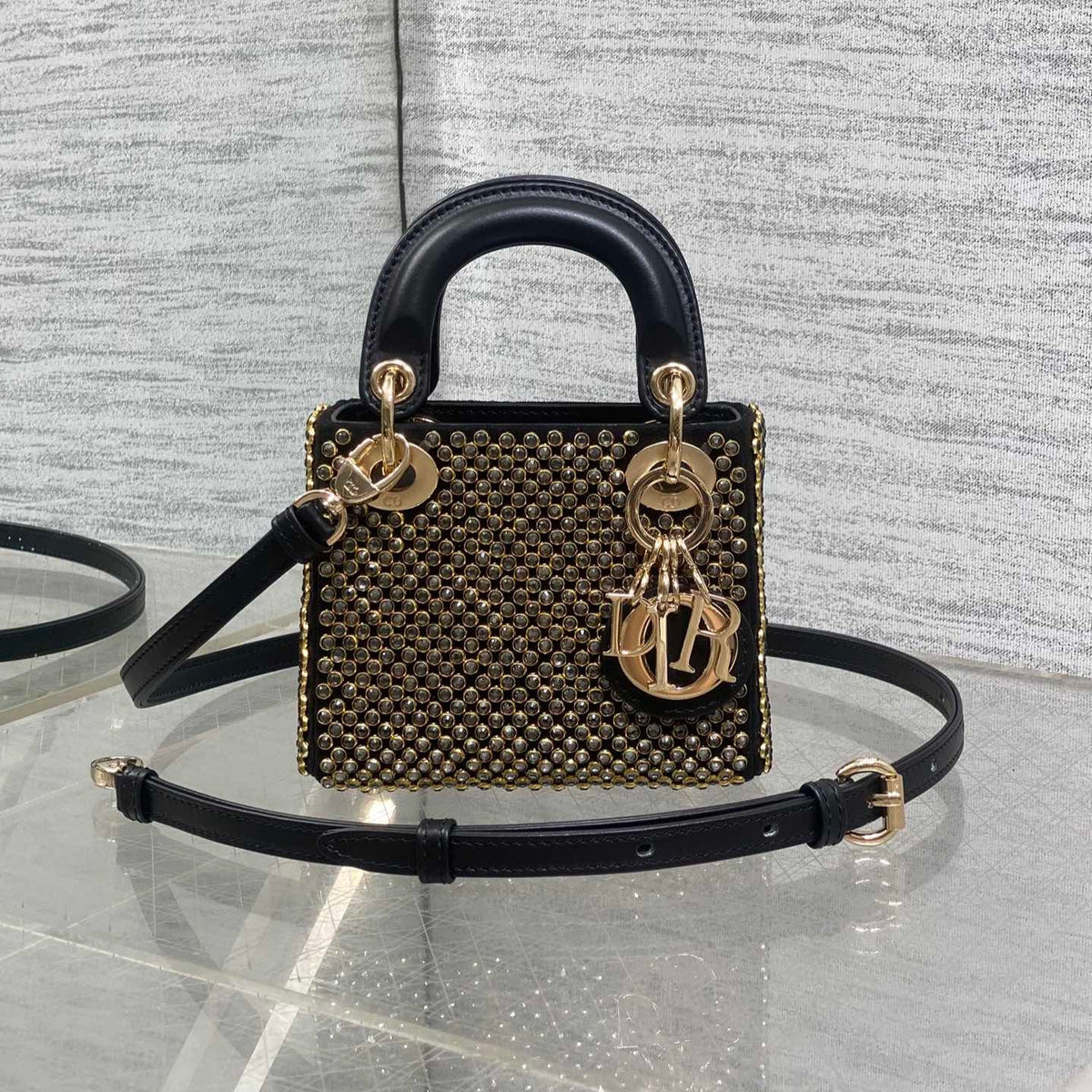 DIOR 25S MINI LADY D-LITE BAG 12 IN BLACK CANVAS AND CALFSKIN CRYSTAL-STUDDED