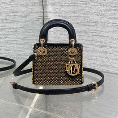 DIOR 25S MINI LADY D-LITE BAG 12 IN BLACK CANVAS AND CALFSKIN CRYSTAL-STUDDED