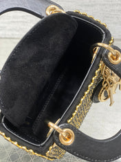 DIOR 25S MINI LADY D-LITE BAG 12 IN BLACK CANVAS AND CALFSKIN CRYSTAL-STUDDED