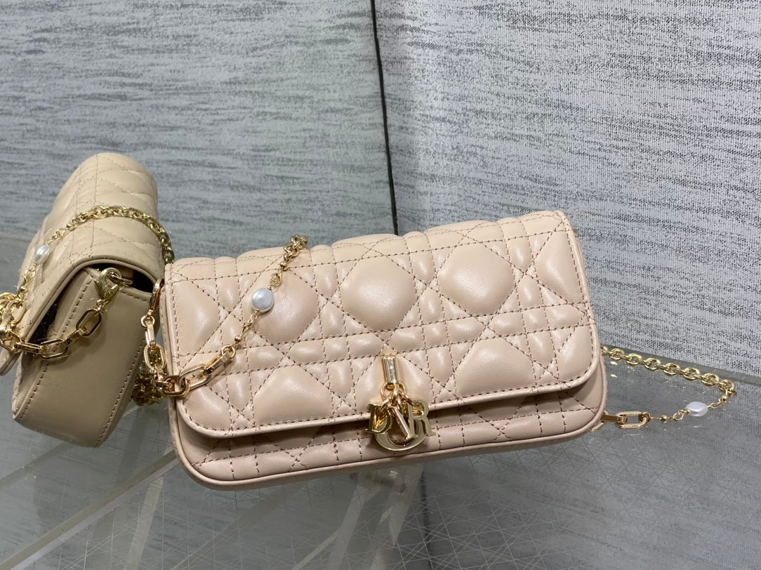 DIOR 25S DIOR TALK PHONE POUCH 18 IN LIGHT IVORY CANNAGE LAMBSKIN