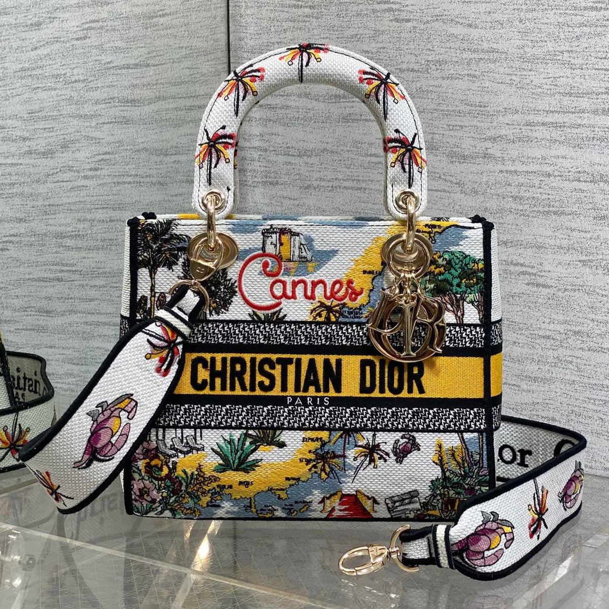 DIOR 25S SMALL LADY D-LITE BAG 24 IN YELLOW CANVAS DIOR CANNES
