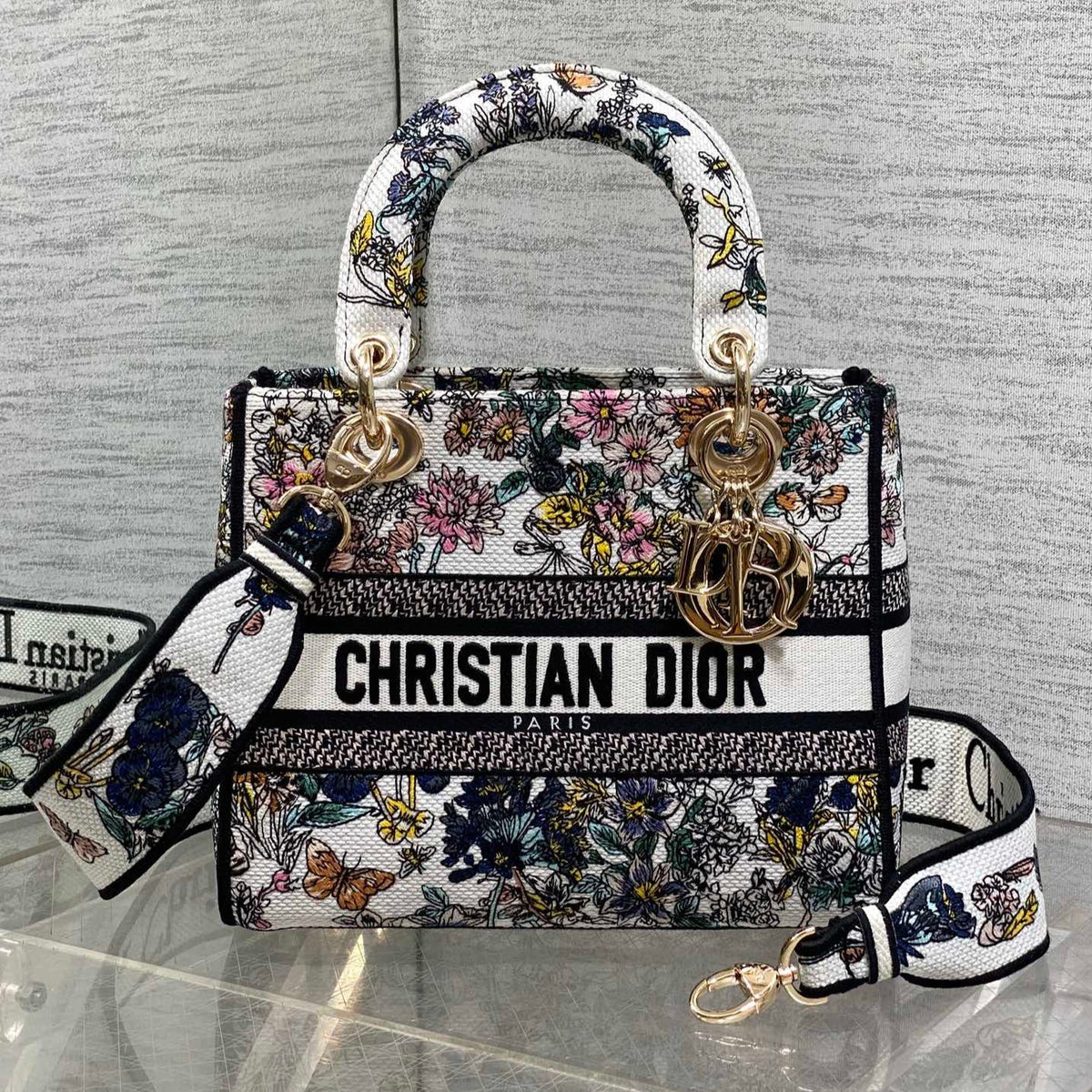 DIOR 25S SMALL LADY D-LITE BAG 24 IN MULTICOLOR DIOR FLOWERS CALENDAR ALLOVER EMBROIDERY