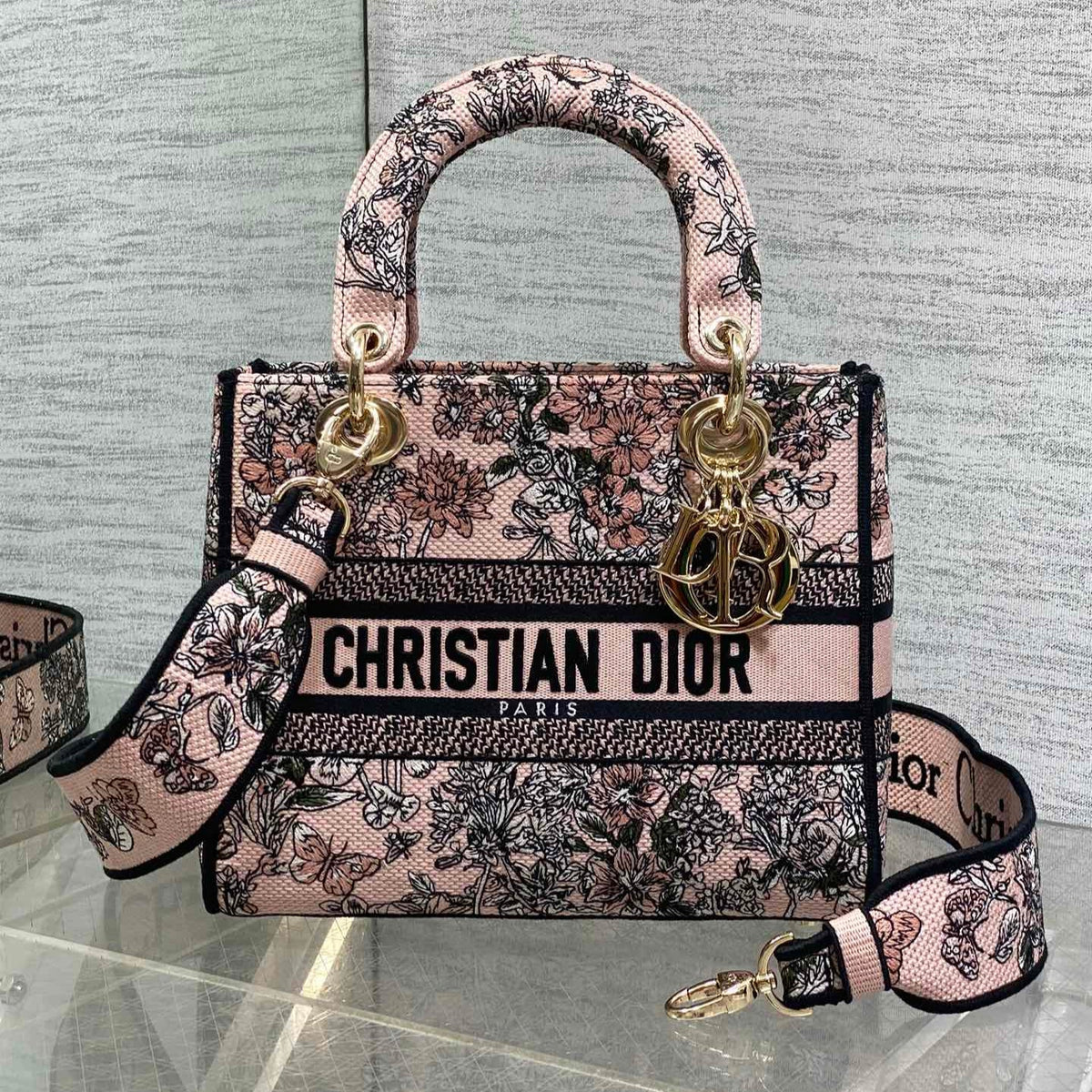 DIOR 25S SMALL LADY D-LITE BAG 24 IN PINK DIOR FLOWERS CALENDAR ALLOVER EMBROIDERY