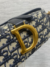 DIOR 25S MINI SOFT SADDLE BAG 19 IN BLUE DIOR OBLIQUE JACQUARD AND SMOOTH CALFSKIN