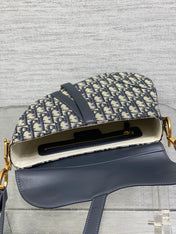 DIOR 25S MINI SOFT SADDLE BAG 19 IN BLUE DIOR OBLIQUE JACQUARD AND SMOOTH CALFSKIN