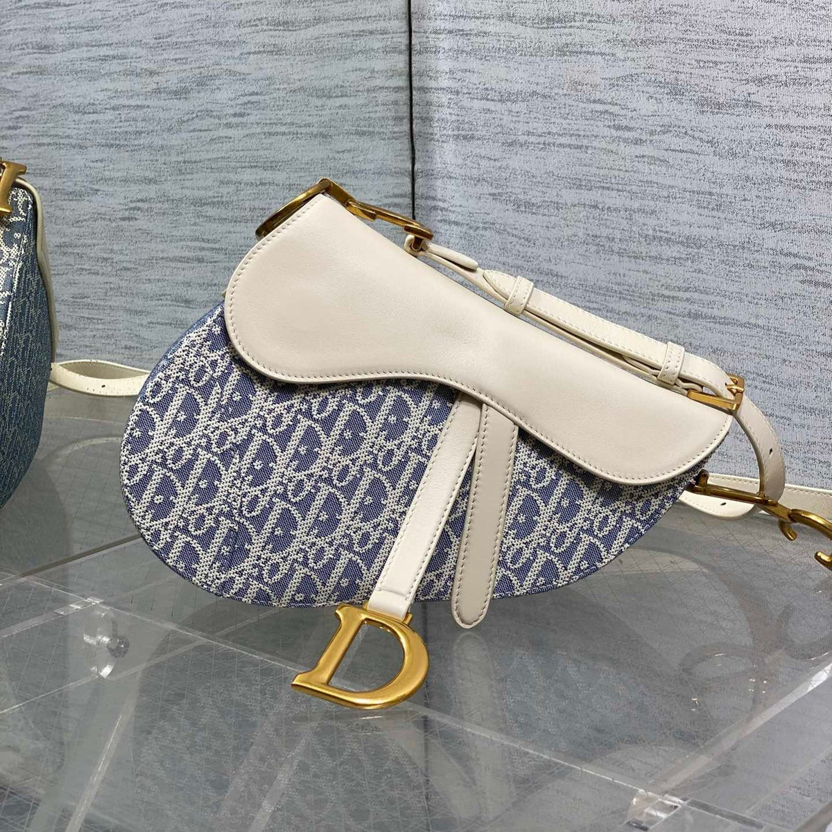 DIOR 25S SOFT SADDLE BAG 25 IN BLUE DIOR OBLIQUE CHAMBRAY AND IVORY SMOOTH CALFSKIN