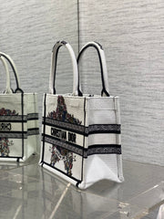 DIOR 25S LUCKY SMALL DIOR BOOK TOTE 26 IN WHITE MULTICOLOR DIOR STAR EMBROIDERY