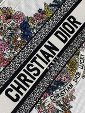 DIOR 25S LUCKY MEDIUM DIOR BOOK TOTE 36 IN WHITE MULTICOLOR DIOR STAR EMBROIDERY