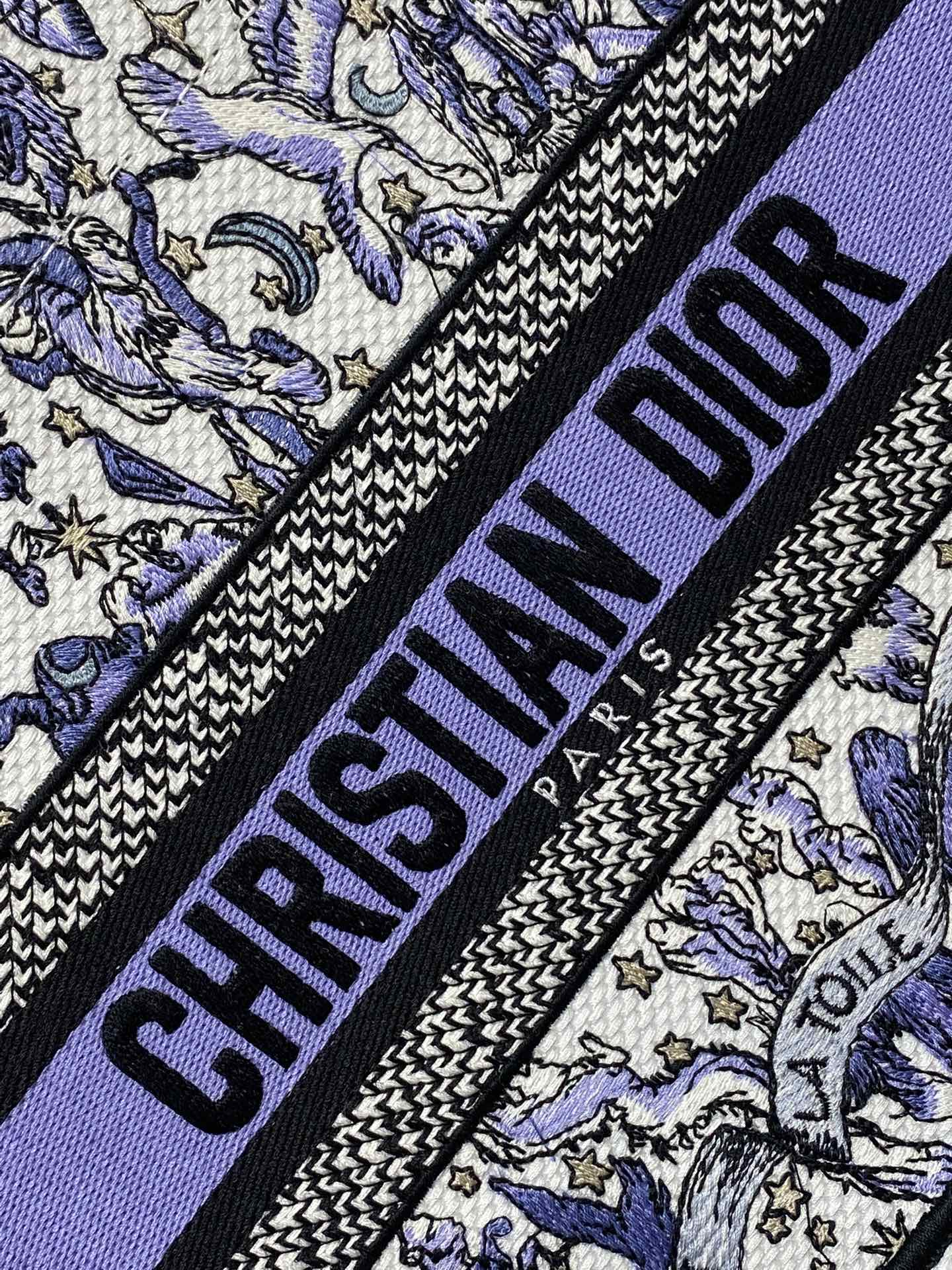 DIOR 25S SMALL BOOK TOTE 26 IN WHITE AND PURPLE DIOR NIGHT OF DREAMS EMBROIDERY