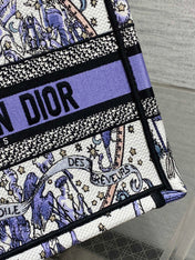 DIOR 25S SMALL BOOK TOTE 26 IN WHITE AND PURPLE DIOR NIGHT OF DREAMS EMBROIDERY