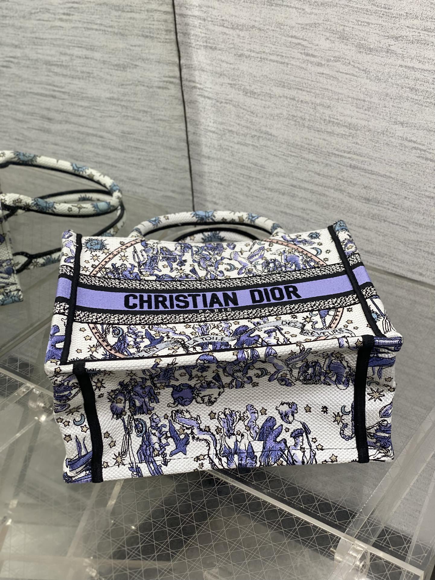DIOR 25S SMALL BOOK TOTE 26 IN WHITE AND PURPLE DIOR NIGHT OF DREAMS EMBROIDERY