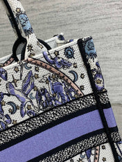 DIOR 25S SMALL BOOK TOTE 26 IN WHITE AND PURPLE DIOR NIGHT OF DREAMS EMBROIDERY