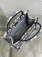 DIOR 25S SMALL BOOK TOTE 26 IN WHITE AND PURPLE DIOR NIGHT OF DREAMS EMBROIDERY