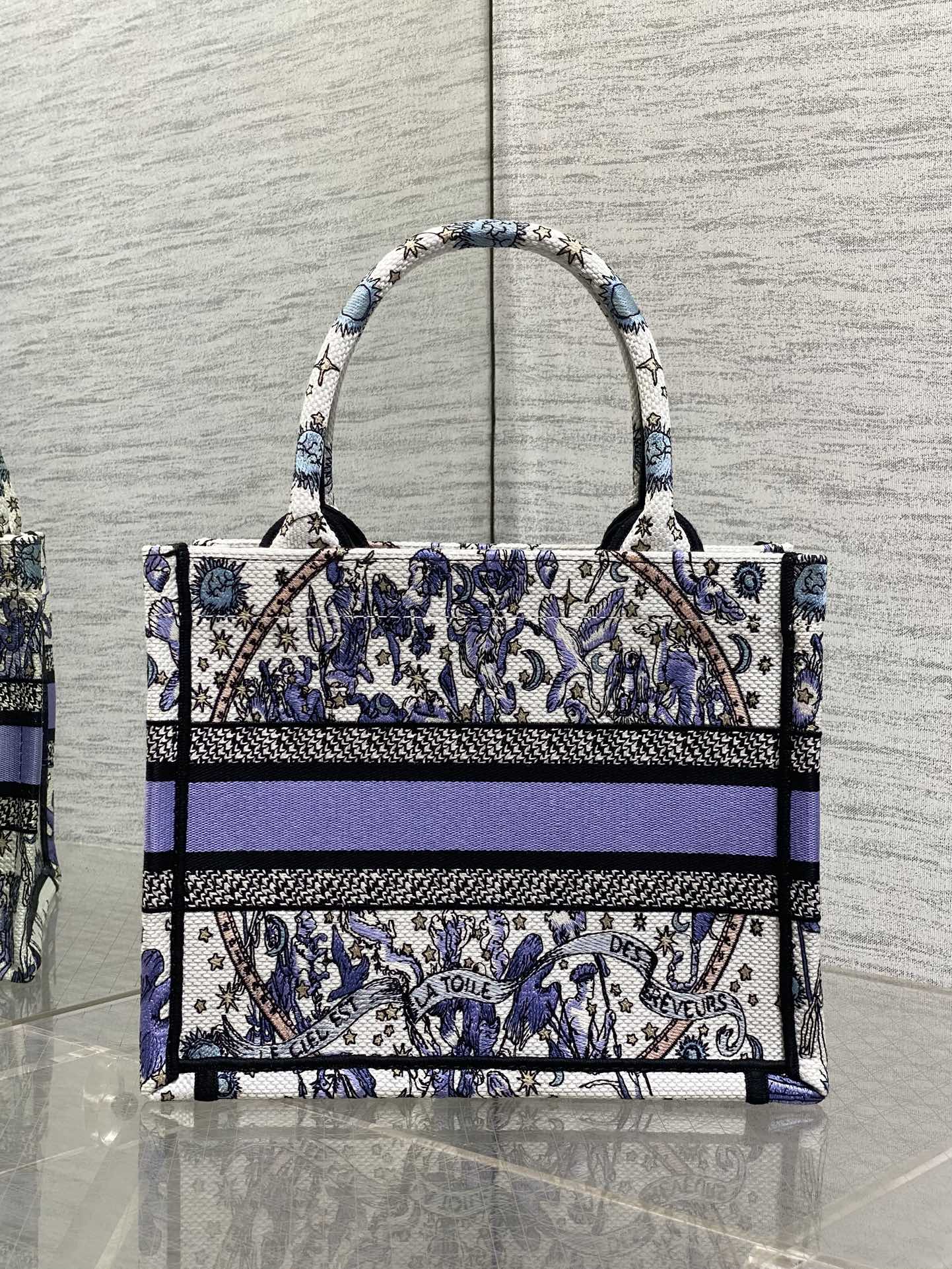 DIOR 25S SMALL BOOK TOTE 26 IN WHITE AND PURPLE DIOR NIGHT OF DREAMS EMBROIDERY
