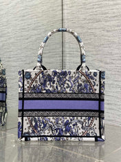 DIOR 25S SMALL BOOK TOTE 26 IN WHITE AND PURPLE DIOR NIGHT OF DREAMS EMBROIDERY