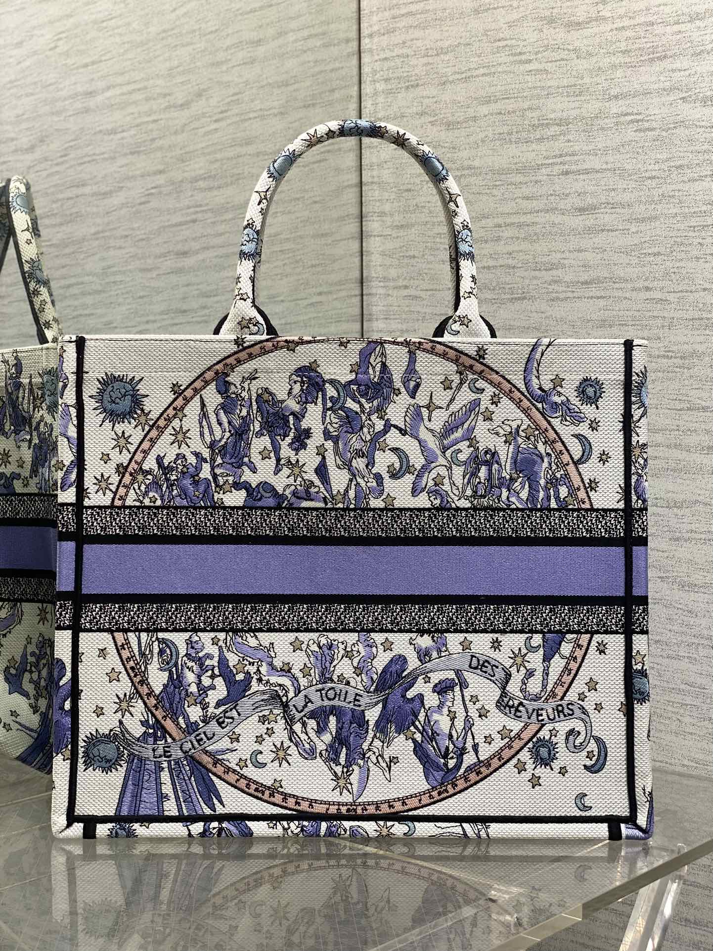 DIOR 25S LARGE BOOK TOTE 42 IN WHITE AND PURPLE DIOR NIGHT OF DREAMS EMBROIDERY