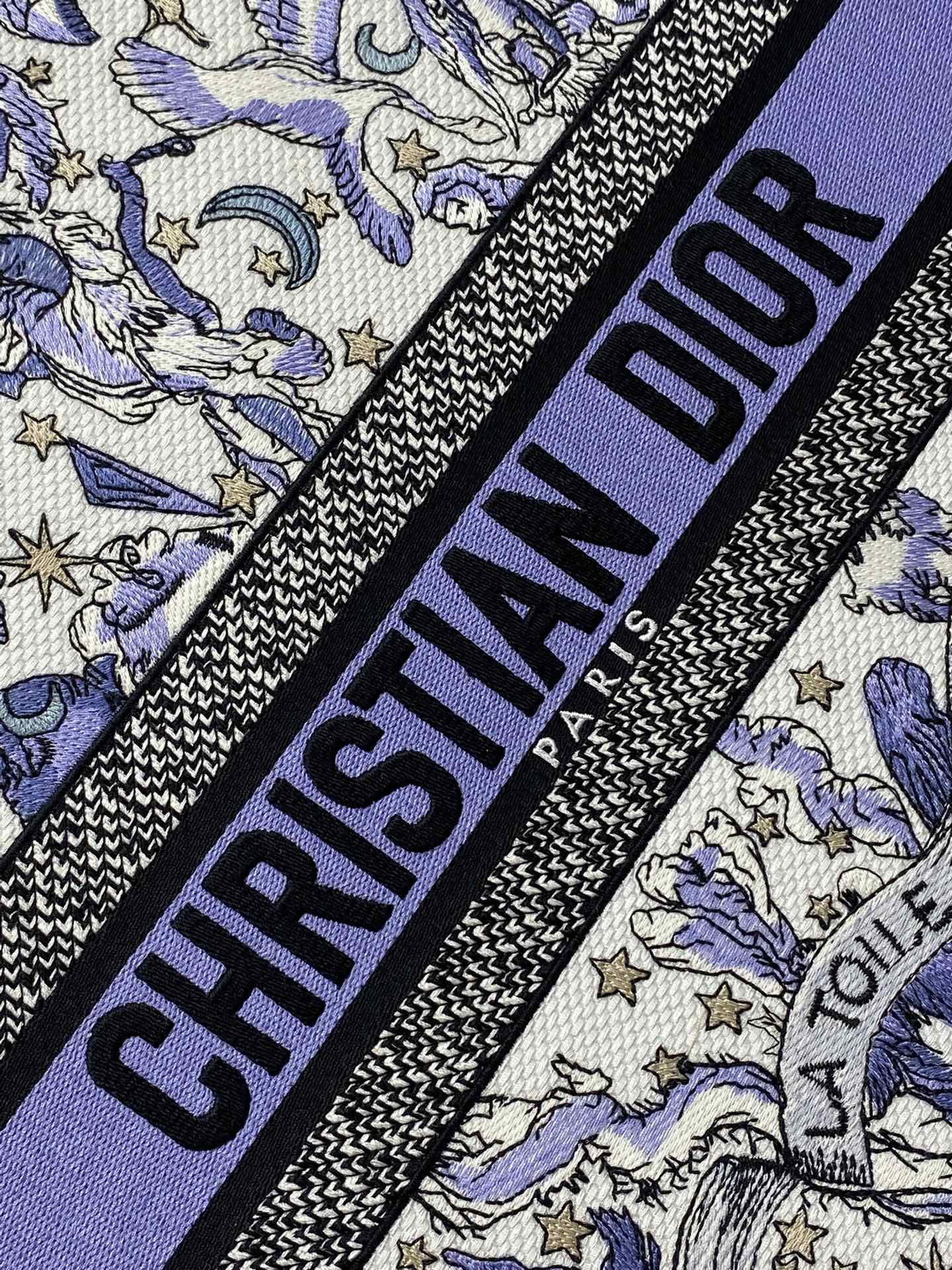 DIOR 25S LARGE BOOK TOTE 42 IN WHITE AND PURPLE DIOR NIGHT OF DREAMS EMBROIDERY
