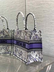 DIOR 25S LUCKY MEDIUM BOOK TOTE 36 IN WHITE AND PURPLE DIOR NIGHT OF DREAMS EMBROIDERY