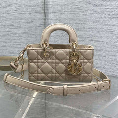 DIOR 25S MICRO LADY D-JOY 19 IN POWDER BEIGE CALFSKIN GOLD HARDWARE