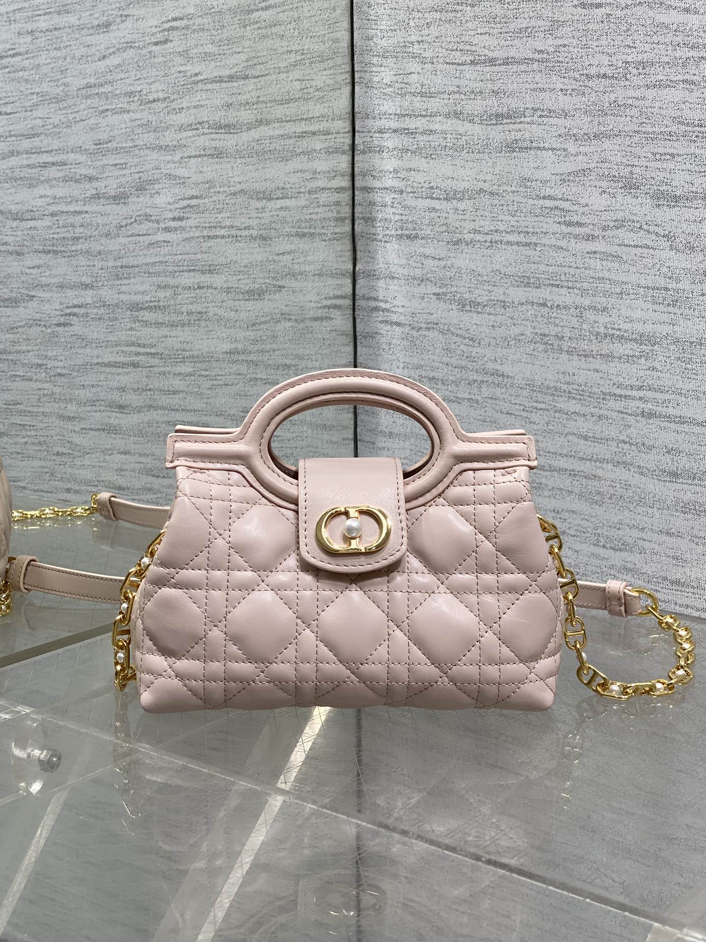 DIOR 25S JOLIE TOP HANDLE MINI BAG 18 IN BABY PINK CALFSKIN GOLD HARDWRE