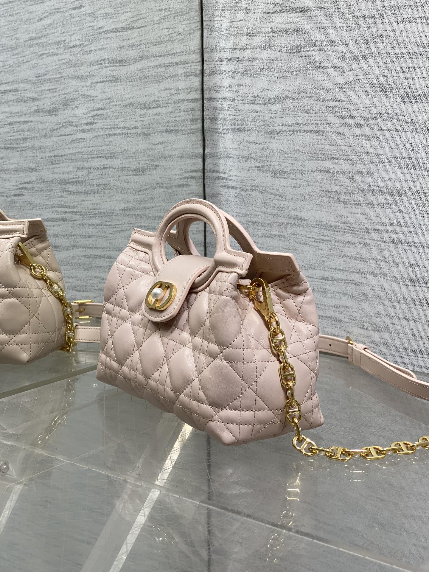 DIOR 25S JOLIE TOP HANDLE MINI BAG 18 IN BABY PINK CALFSKIN GOLD HARDWRE