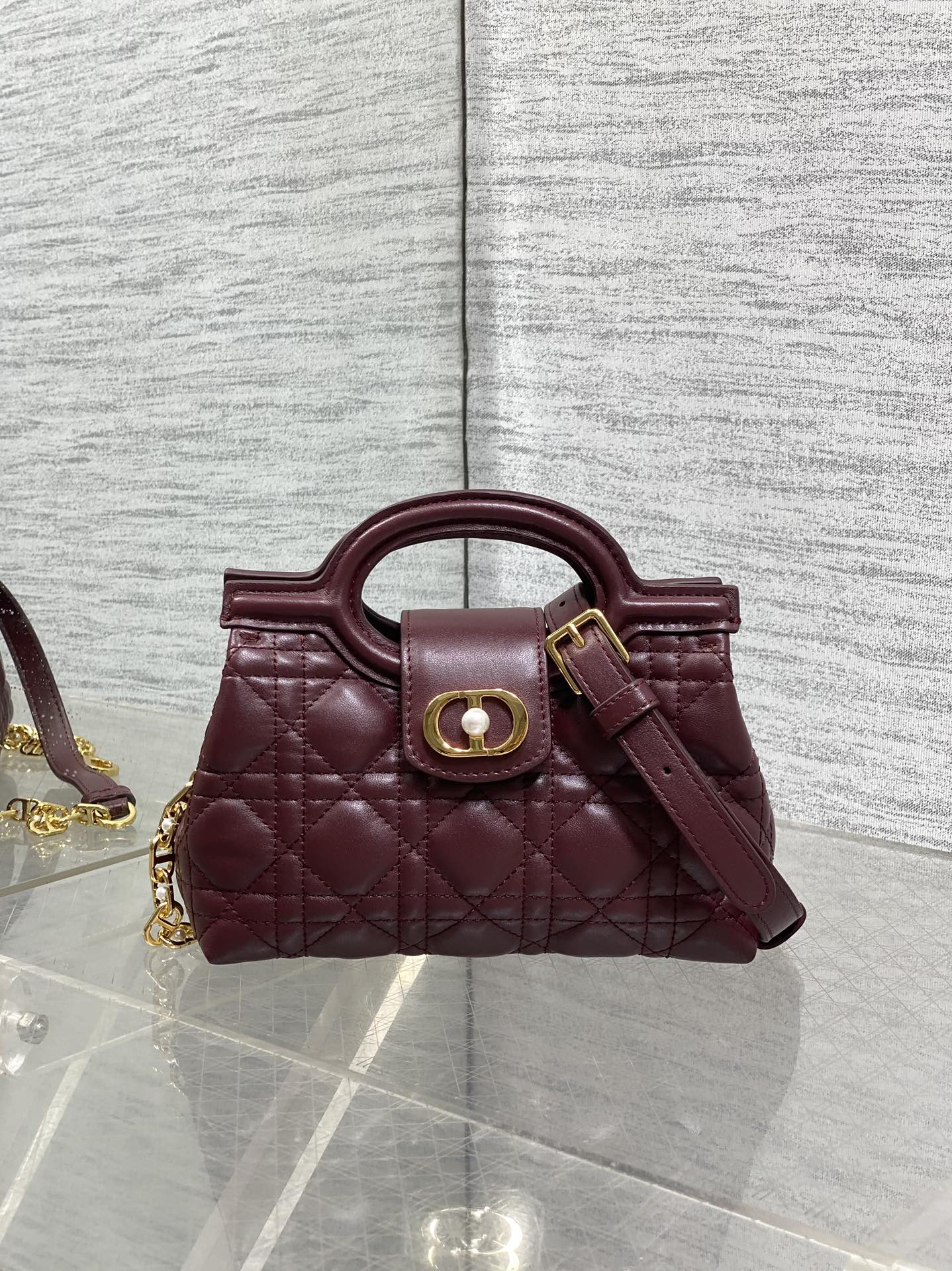 DIOR 25S JOLIE TOP HANDLE MINI BAG 18 IN BURGUNDY CALFSKIN GOLD HARDWARE