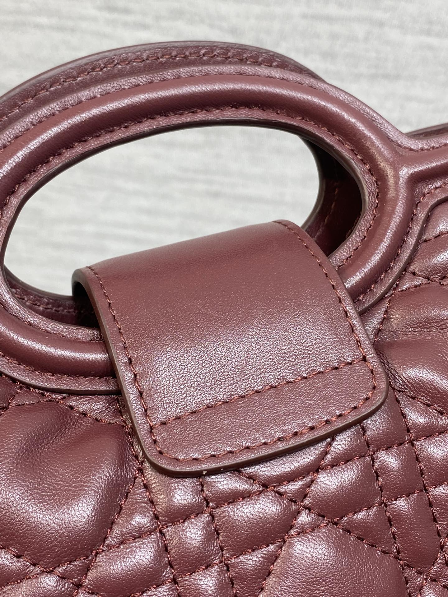 DIOR 25S JOLIE TOP HANDLE MINI BAG 18 IN BURGUNDY CALFSKIN GOLD HARDWARE