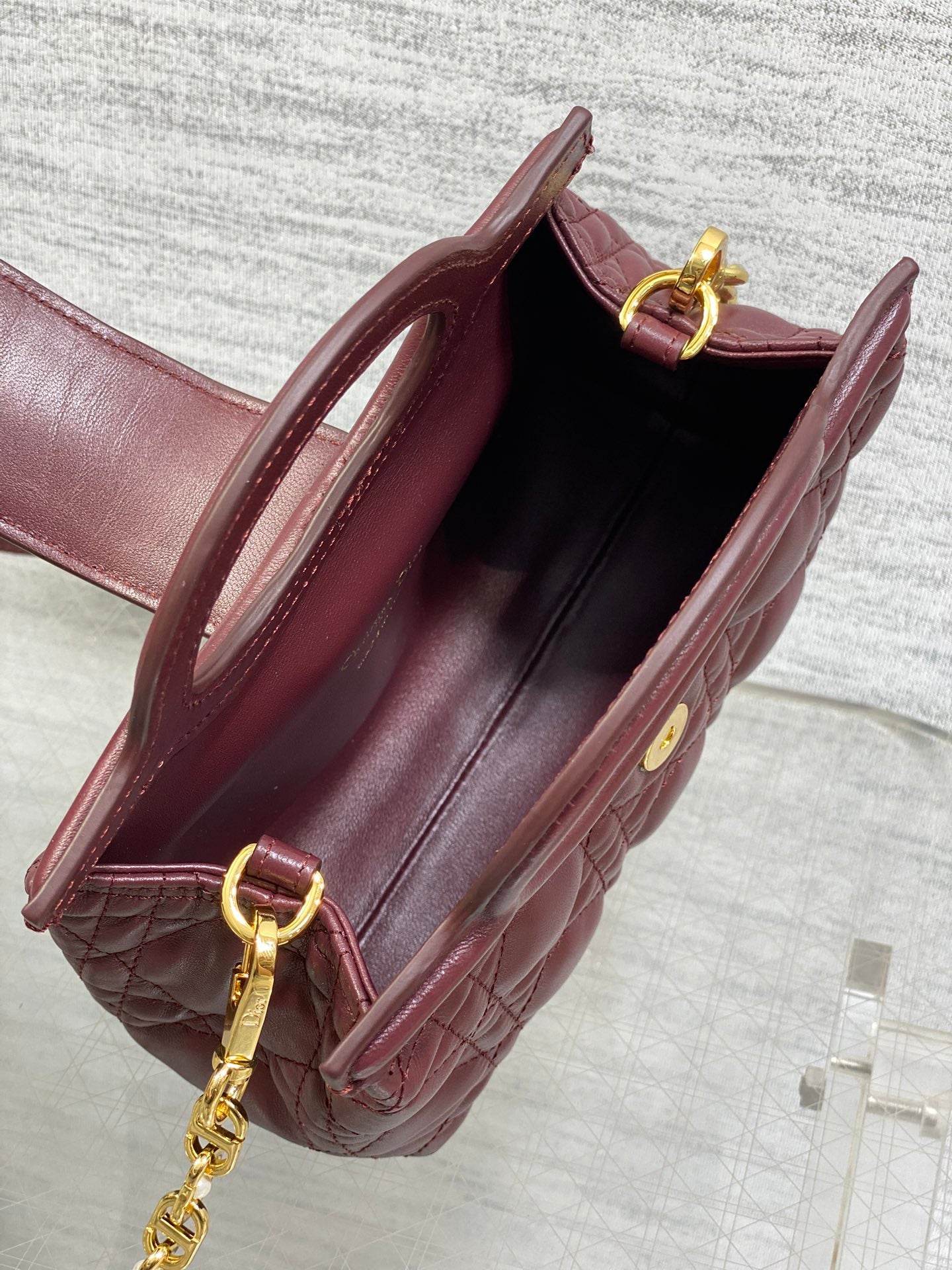 DIOR 25S JOLIE TOP HANDLE MINI BAG 18 IN BURGUNDY CALFSKIN GOLD HARDWARE
