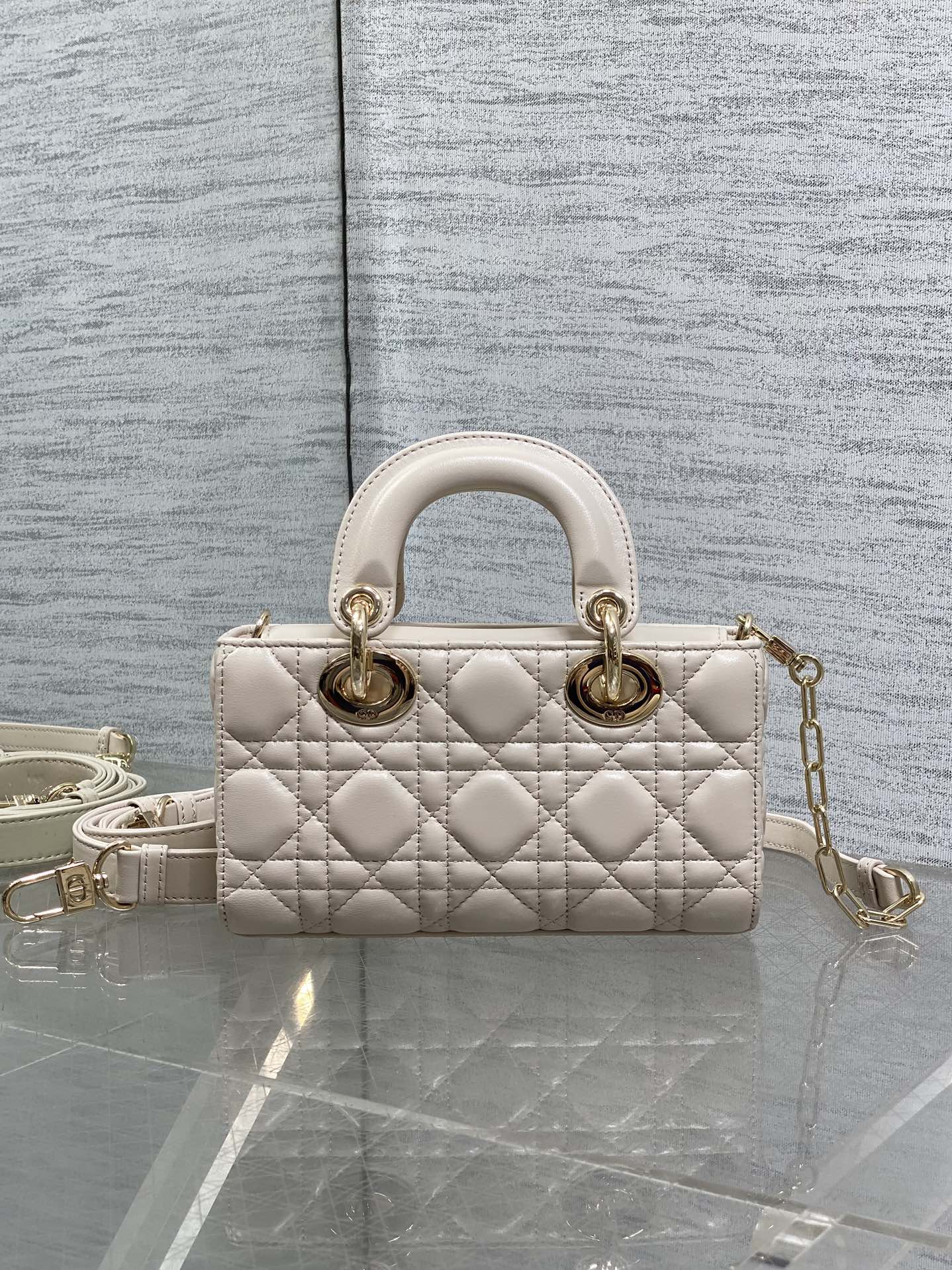 DIOR 25S MICRO LADY D-JOY 19 IN BEIGE CALFSKIN GOLD HARDWARE