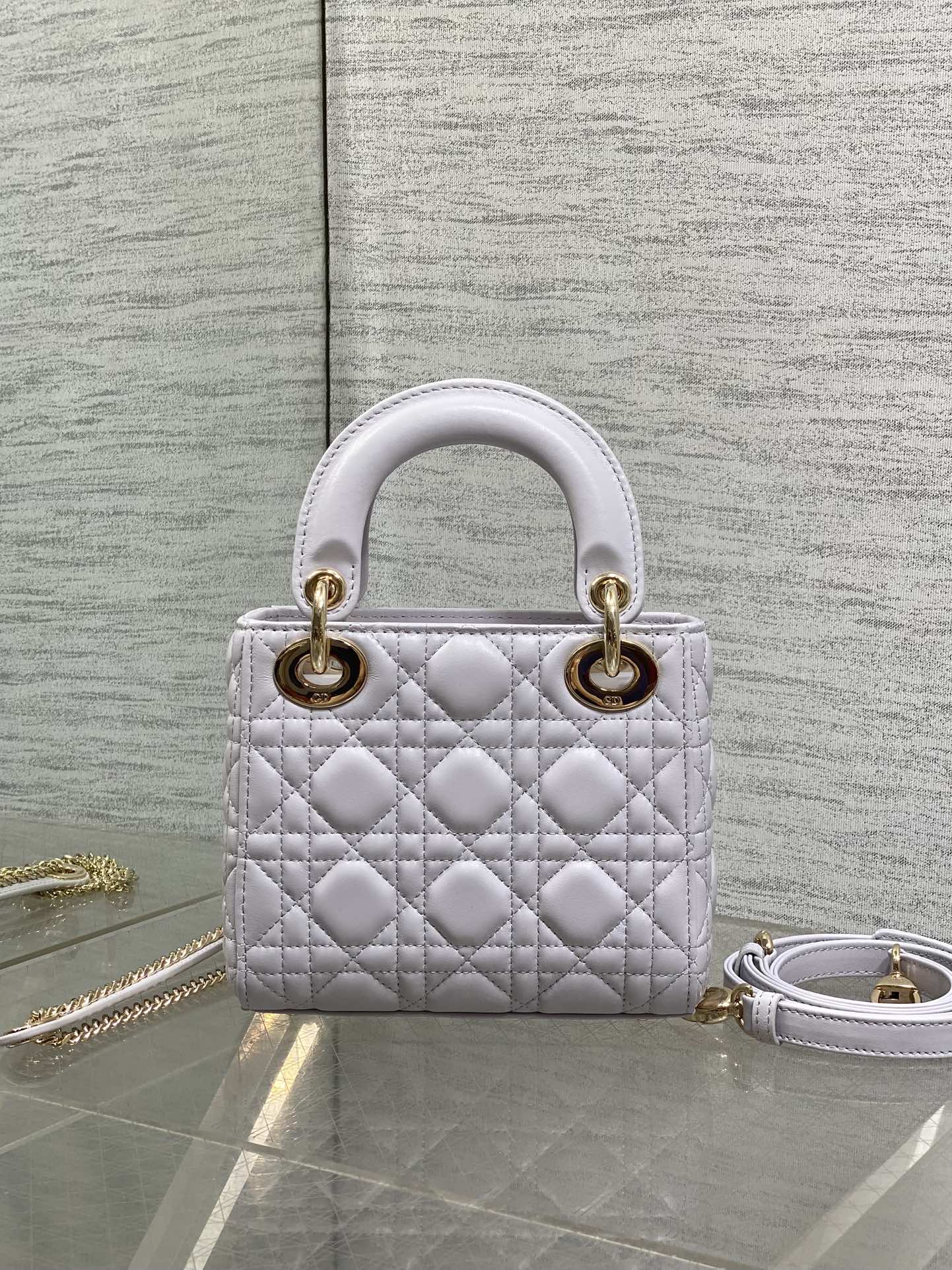 DIOR 25S MINI LADY DIOR BAG 17 IN LILAC CANNAGE CALFSKIN GOLD HARDWARE