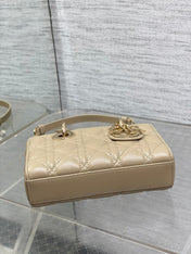 DIOR 25S SMALL LADY D‑JOY BAG 19 IN DARK BEIGE CANNAGE CALFSKIN GOLD HARDWRE