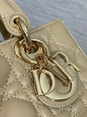 DIOR 25S SMALL LADY D‑JOY BAG 19 IN DARK BEIGE CANNAGE CALFSKIN GOLD HARDWARE