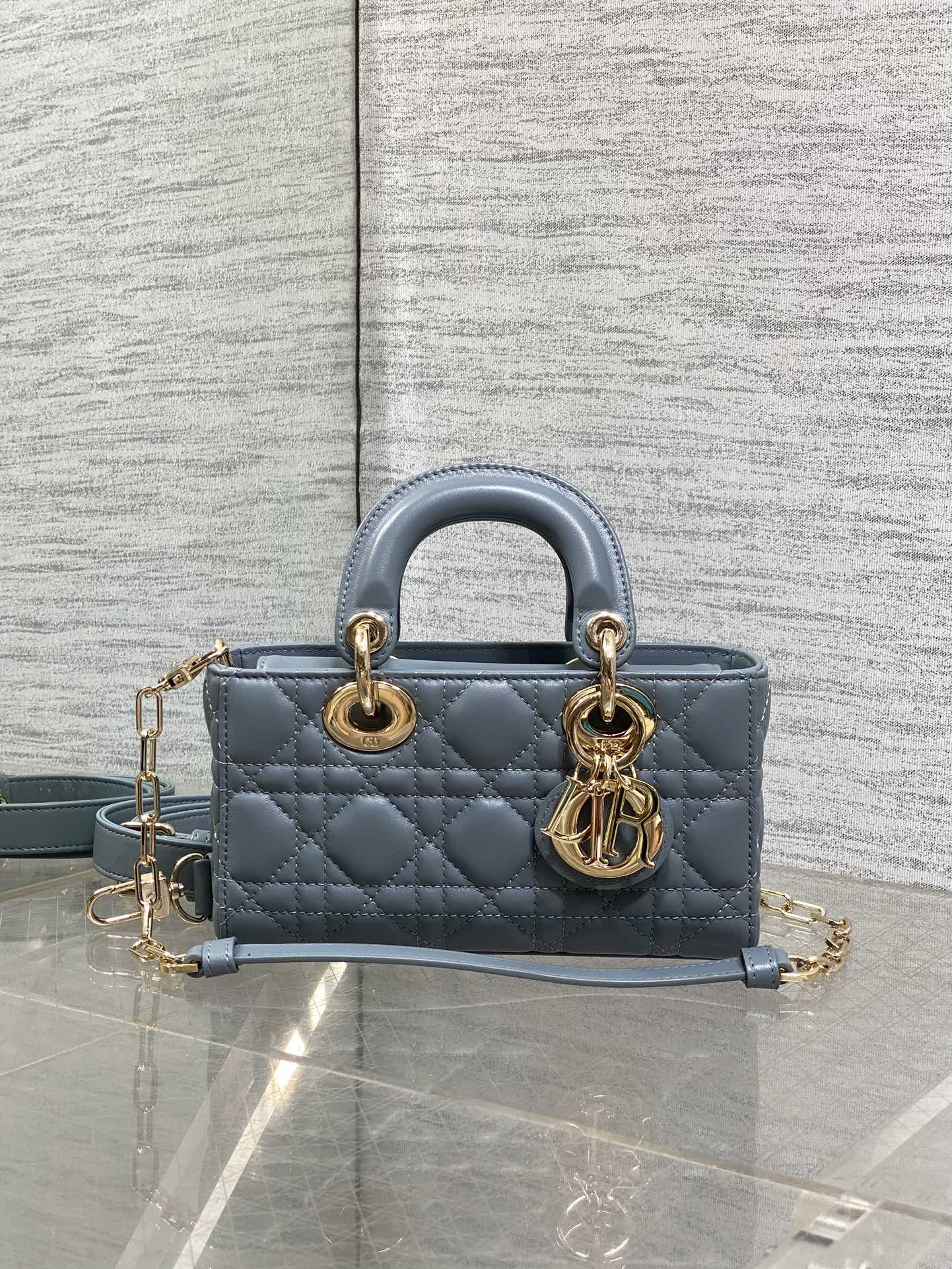 DIOR 25S SMALL LADY D‑JOY BAG 19 IN STEEL BLUE GRAY CANNAGE CALFSKIN GOLD HARDWRE