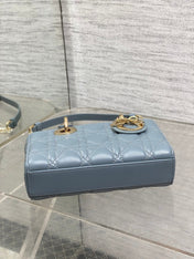 DIOR 25S SMALL LADY D‑JOY BAG 19 IN STEEL BLUE GRAY CANNAGE CALFSKIN GOLD HARDWARE