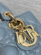 DIOR 25S SMALL LADY D‑JOY BAG 19 IN STEEL BLUE GRAY CANNAGE CALFSKIN GOLD HARDWARE