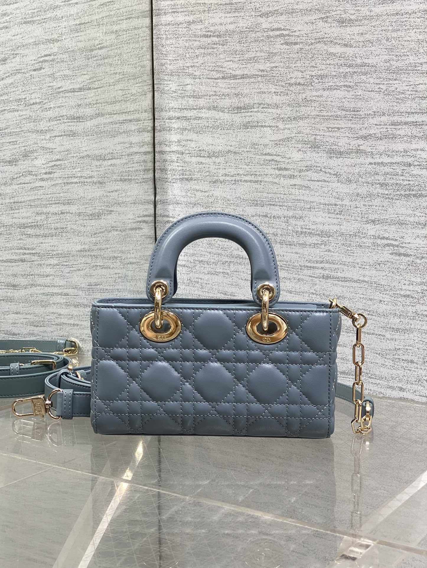 DIOR 25S SMALL LADY D‑JOY BAG 19 IN STEEL BLUE GRAY CANNAGE CALFSKIN GOLD HARDWARE