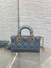 DIOR 25S SMALL LADY D‑JOY BAG 19 IN STEEL BLUE GRAY CANNAGE CALFSKIN GOLD HARDWARE