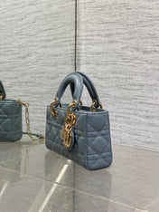 DIOR 25S SMALL LADY D‑JOY BAG 19 IN STEEL BLUE GRAY CANNAGE CALFSKIN GOLD HARDWARE