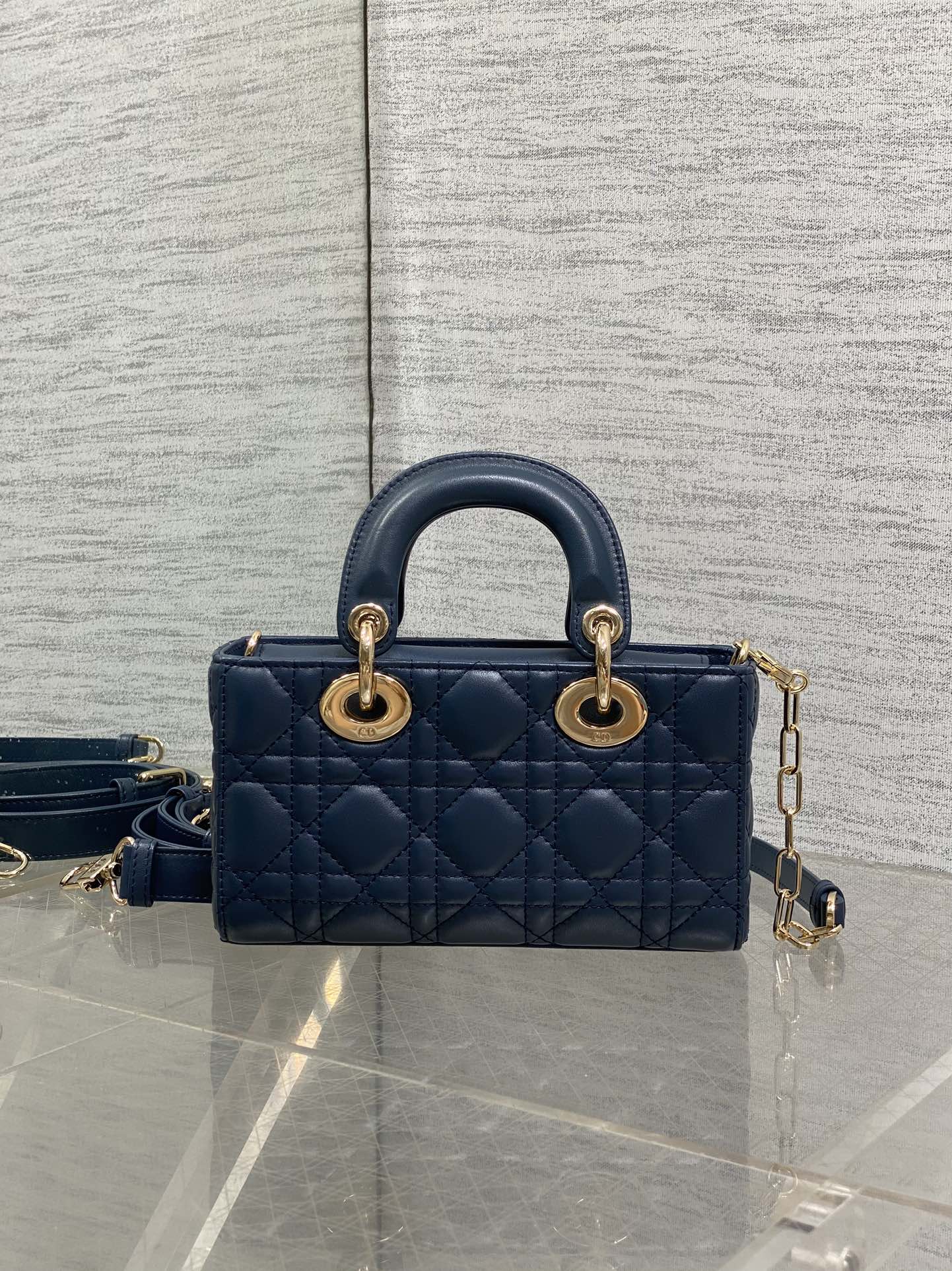DIOR 25S SMALL LADY D‑JOY BAG 19 IN DARK BLUE CANNAGE CALFSKIN GOLD HARDWARE