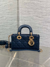 DIOR 25S SMALL LADY D‑JOY BAG 19 IN DARK BLUE CANNAGE CALFSKIN GOLD HARDWARE