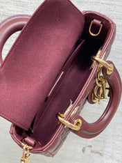 DIOR 25S SMALL LADY D‑JOY BAG 19 IN BURGUNDY CANNAGE CALFSKIN GOLD HARDWARE