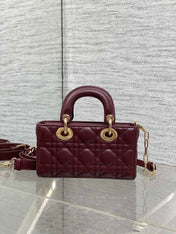 DIOR 25S SMALL LADY D‑JOY BAG 19 IN BURGUNDY CANNAGE CALFSKIN GOLD HARDWARE