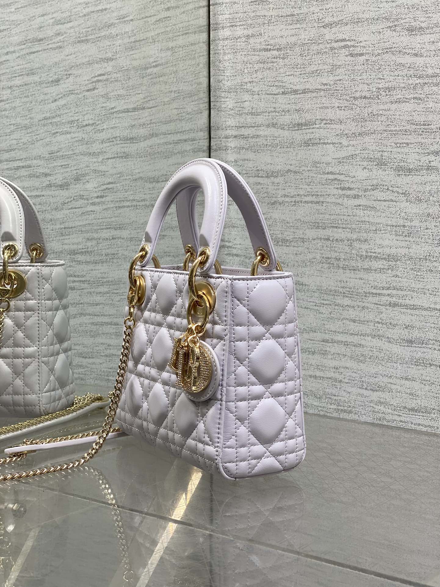 DIOR 25S MINI LADY DIOR BAG 17 IN LILAC CALFSKIN CHARM CRYSTAL EMBELLISHMENTS